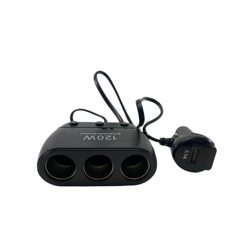 Adaptor / incarcator auto de tip priza ,3 Mufe ,VOLTMETRU,negru,caliate Premium,USB.120W,Cu led de indicare