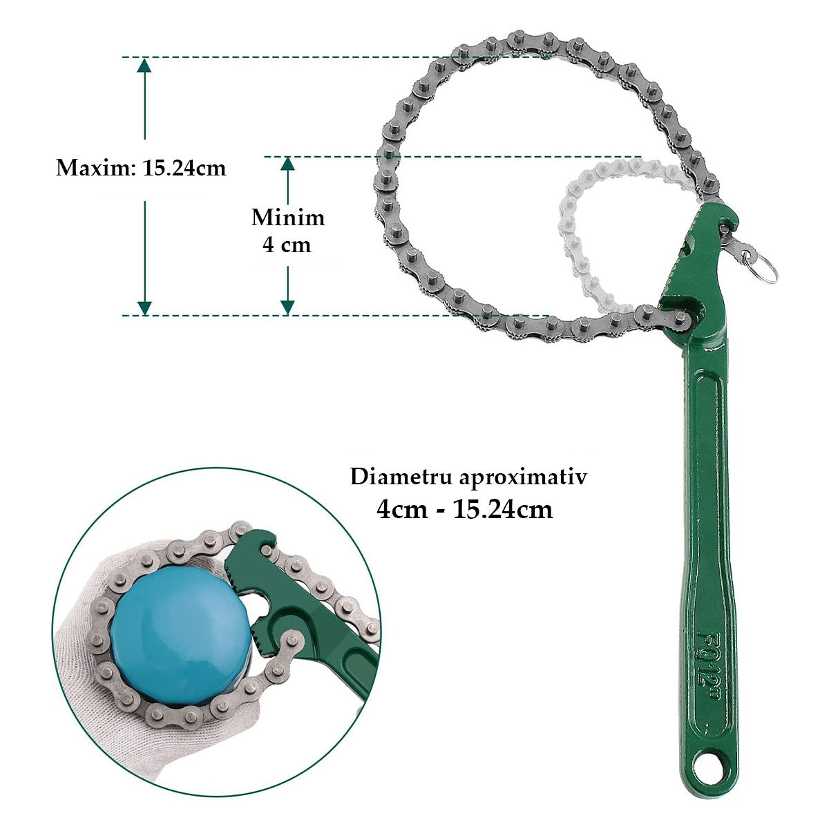 Cheie Pentru FILTRE cu Lant ,rezistent,VERDE ,Otel,Reglabila,Universala