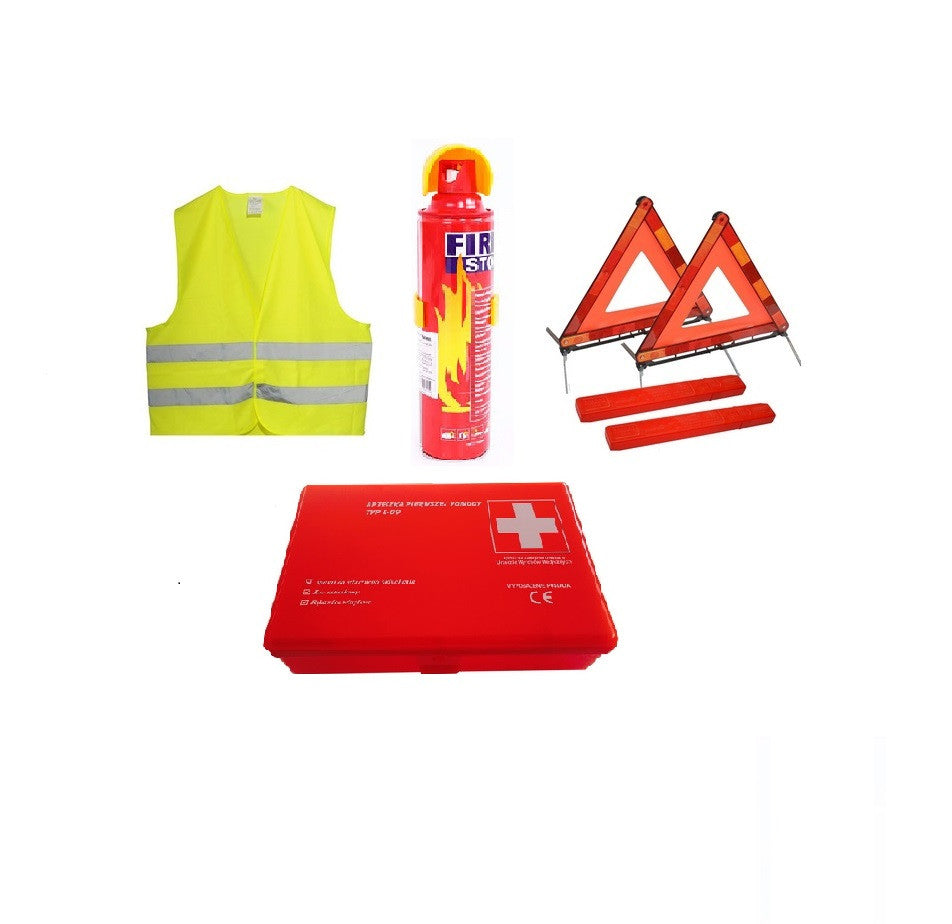 KIT DE SIGURANTA cu stingator stingator tip spray 1000 ml ,trusa medicala compacta, 2 triunghiuri si vesta reflectorizanta,