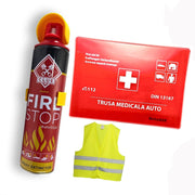 KIT DE SIGURANTA cu stingator tip spray 1000 ml ,trusa medicala compacta si vesta reflectorizanta