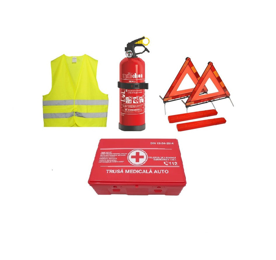 KIT DE SIGURANTA OBLIGATORIU,cu stingator P1,trusa medicala DIN 13164, 2 triunghiuri si vesta reflectorizanta