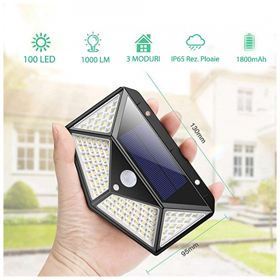 Lampa solara 100 LED-uri 2200 mAh, cu senzor de miscare