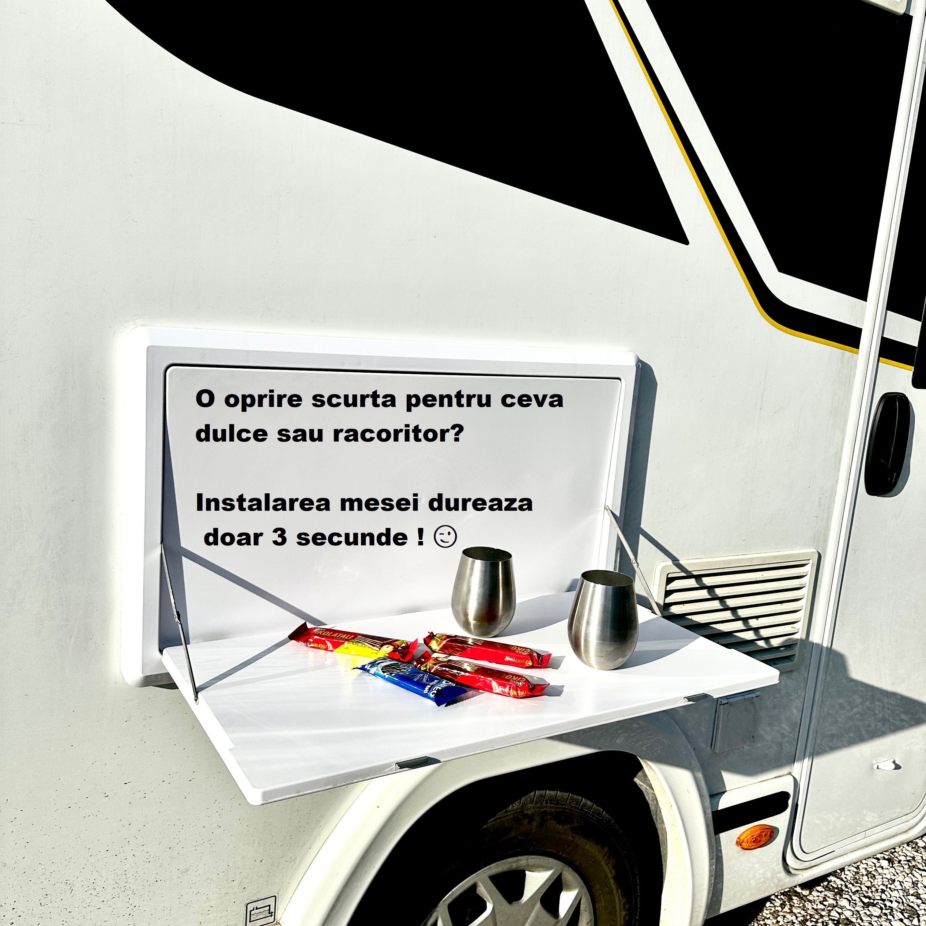 Masuta rulota, autorulota, caravan, AutoSSF® Smart Clip – Pliabilă, fără găurire, mereu pregătită, 80x45 cm, alb