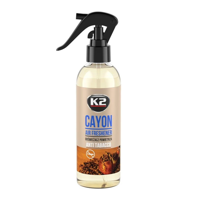 Odorizant auto premium K2 CAYON aroma ANTI TABACCO, cu pulverizator, 250ml, 700 aplicari