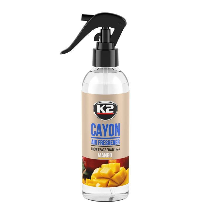 Odorizant auto premium K2 CAYON aroma MANGO, cu pulverizator, 250ml, 700 aplicari