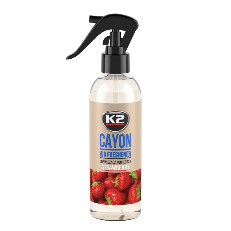 Odorizant auto premium K2 CAYON aroma STRAWBERRY, cu pulverizator, 250ml, 700 aplicari