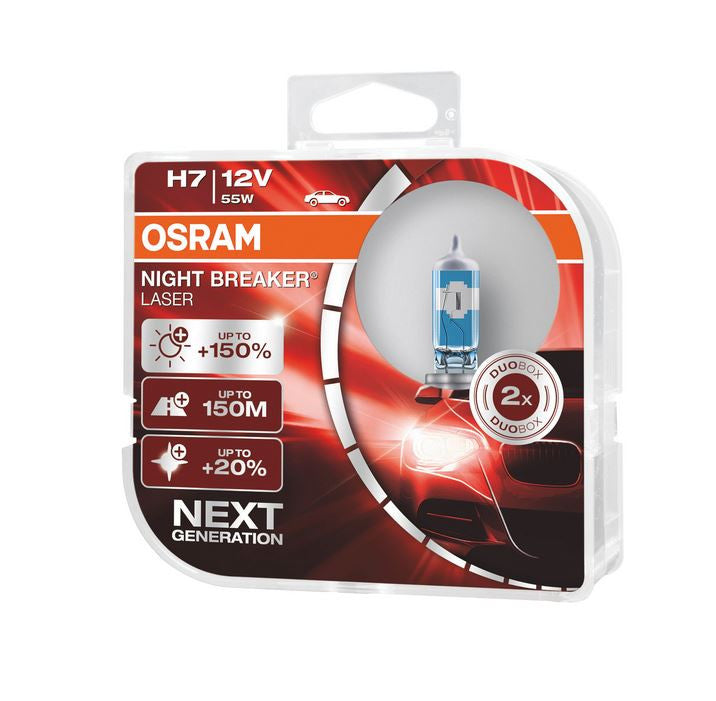 Set becuri auto 12V cu halogen Osram H7 Night Breaker Laser +150%, 55W