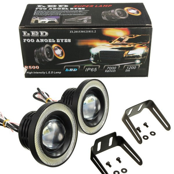 Set doua proiectoare auto cu lupa, LED Angel Eyes cu putere 10W, diametru 64mm