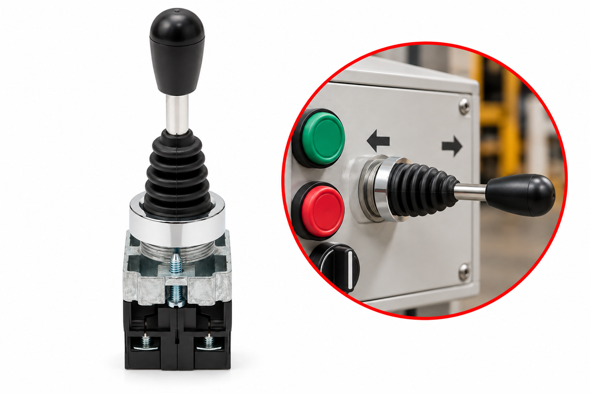 Comutator Joystick Industrial cu 2 Poziții și Revenire Automată, 2 Contacte NO, 400V, 10A, Manetă de Comandă pentru Utilaje și Panouri Electrice