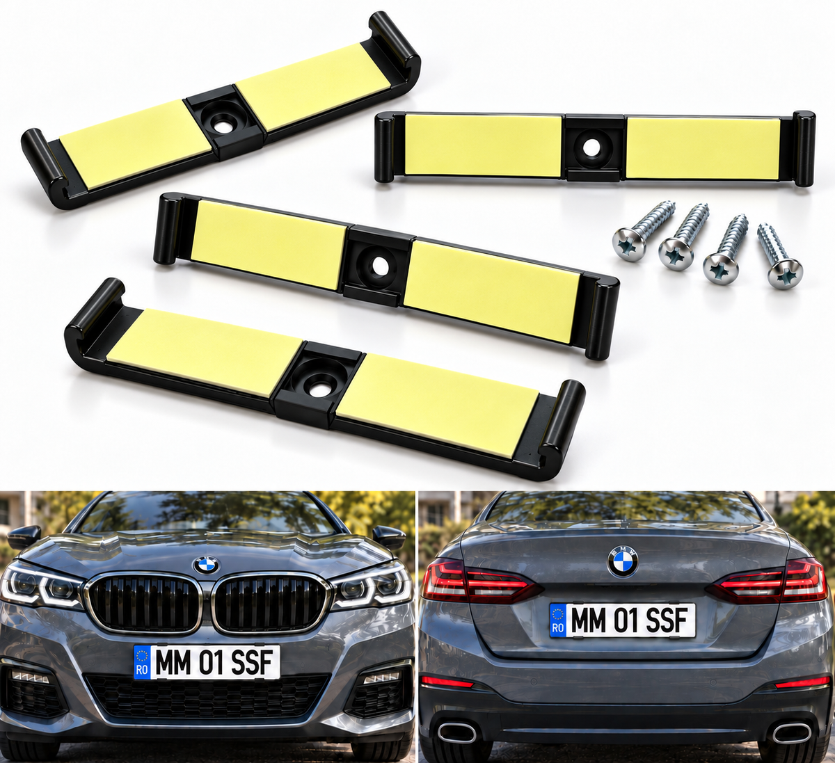 Set Suport Număr Auto Ultra Slim, 4 Bucăți pentru 2 Plăcuțe, Fără Ramă, Fixare Discretă