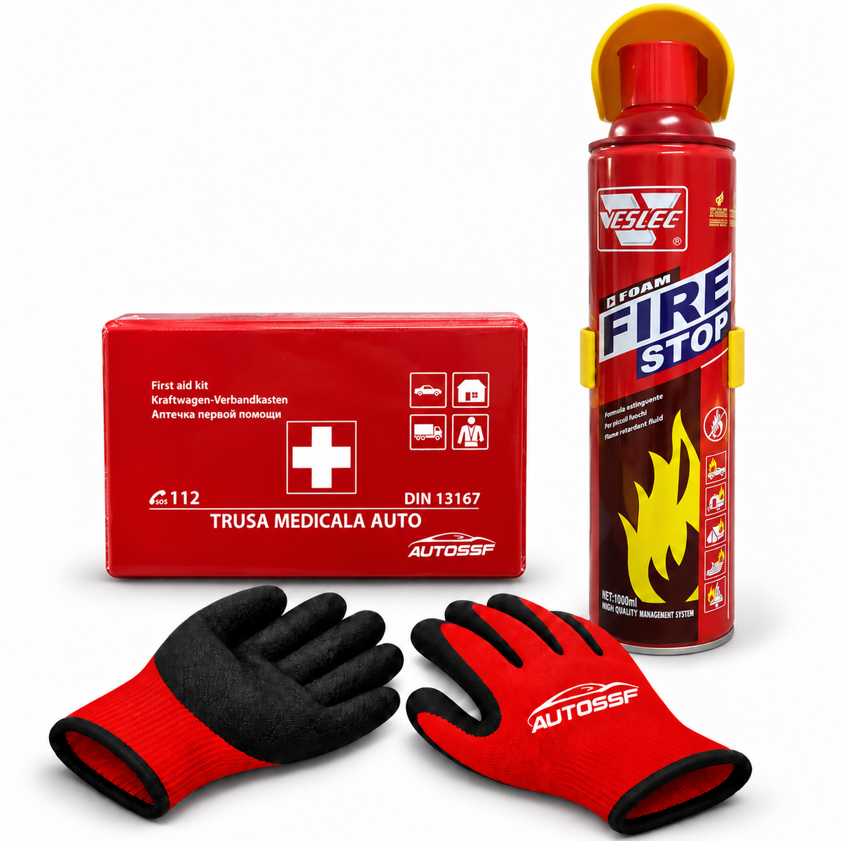 Trusă Medicală Compacta DIN 13167 cu Stingator Tip Spray Cu Spuma 1000ml și Mănuși de Protecție AutoSSF®