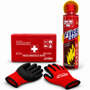 Trusă Medicală Compacta DIN 13167 cu Stingator Tip Spray Cu Spuma 1000ml și Mănuși de Protecție AutoSSF®