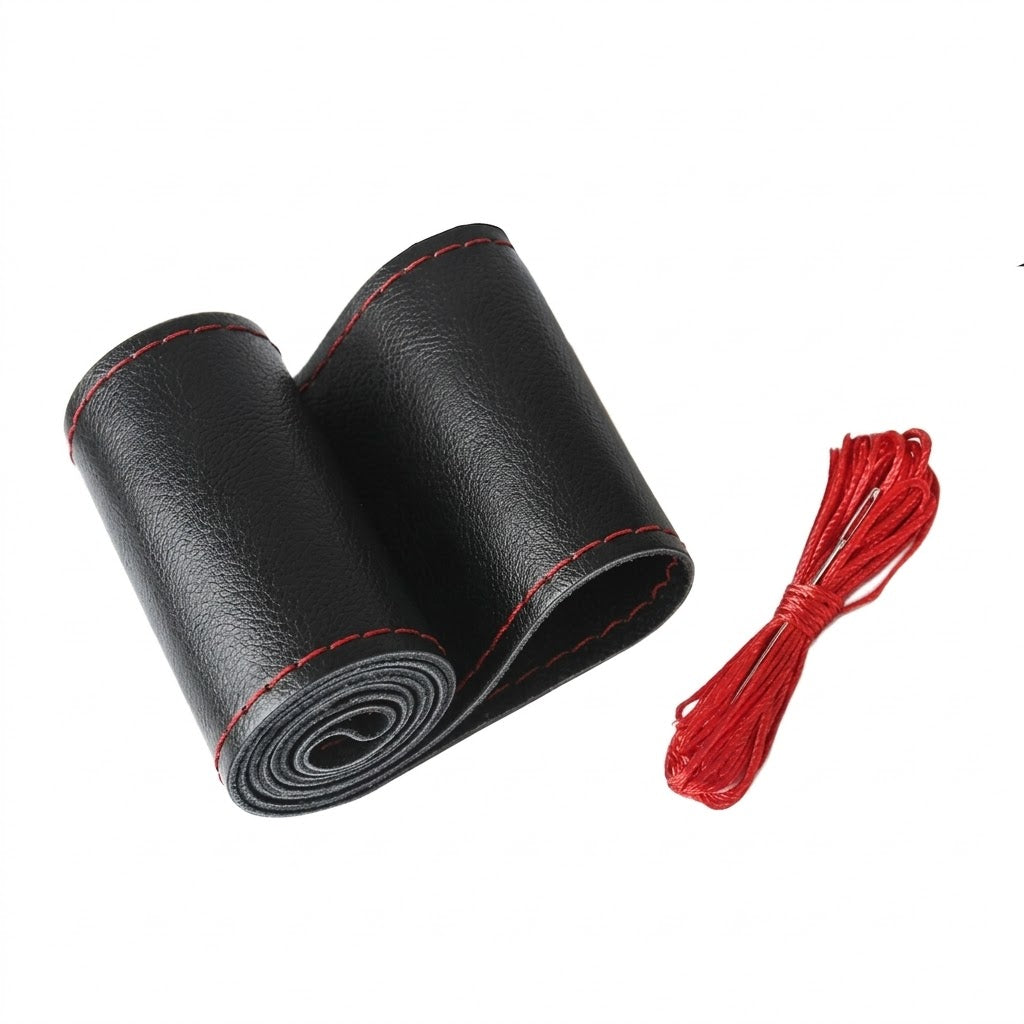 Husa volan din piele ecologica cu ac si ata rosie pentru cusut, 38 cm diametru, negru