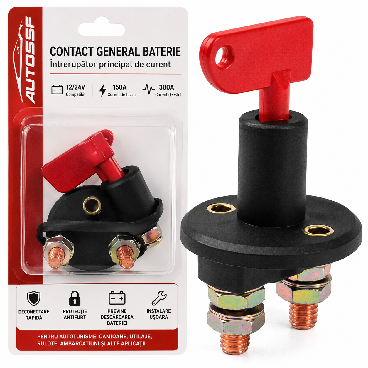 Contact General Baterie 12V/24V, 150A, Curent Vârf 300A, Deconectare Rapidă, AutoSSF ®