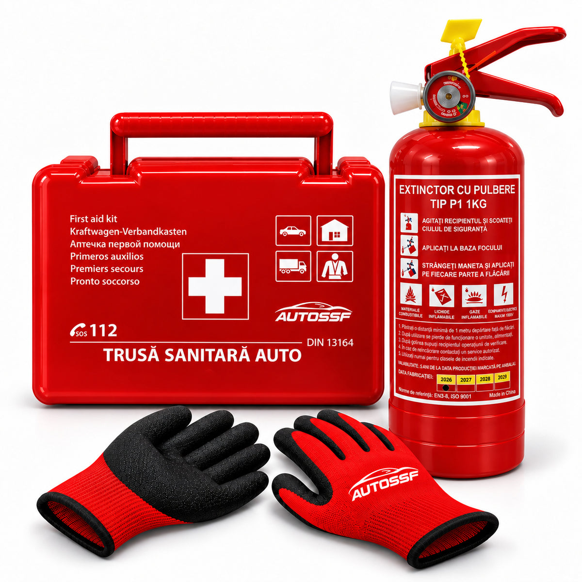 Trusă Medicală Auto DIN 13164 cu Stingător P1 cu Pulbere 1KG și Mănuși de Protecție AutoSSF®