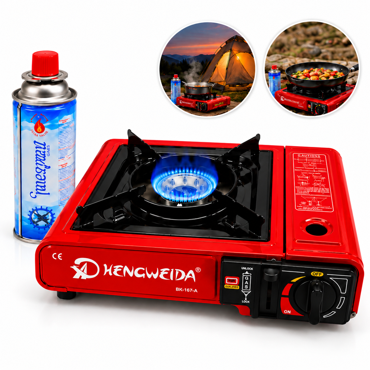 Aragaz Portabil Camping cu Gaz, 1 Butelie 400 ml, Aprindere Piezo Automata, 2.2 kW
