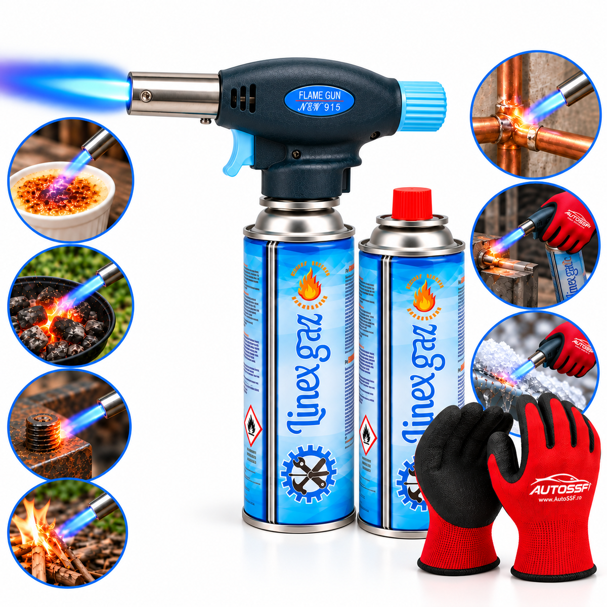Arzător Portabil Tip Pistol cu 2 Butelii Gaz 227 g și Mănuși de Protecție, Aprindere Piezo, Flacără Reglabilă, 1300°C
