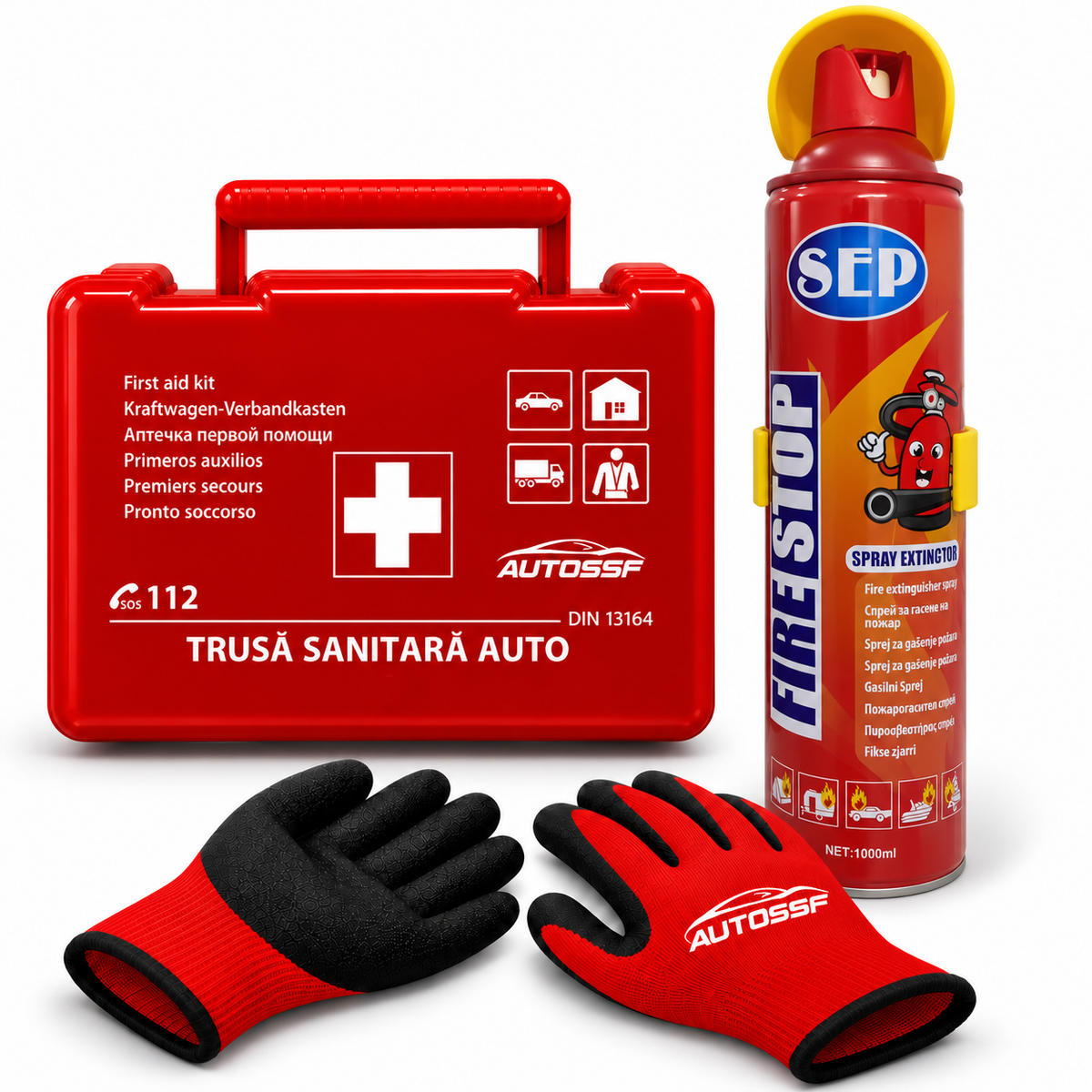 Trusă Medicală Auto DIN 13164 cu Stingator Tip Spray Cu Spuma 1000ml și Mănuși de Protecție AutoSSF®