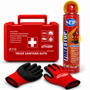 Trusă Medicală Auto DIN 13164 cu Stingator Tip Spray Cu Spuma 1000ml și Mănuși de Protecție AutoSSF®