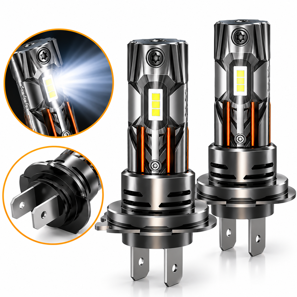 Set 2 Becuri LED H7, 60W, 6500K, Cipuri 7035, 12V DC, Ventilator Răcire, Aluminiu 6063, IP68