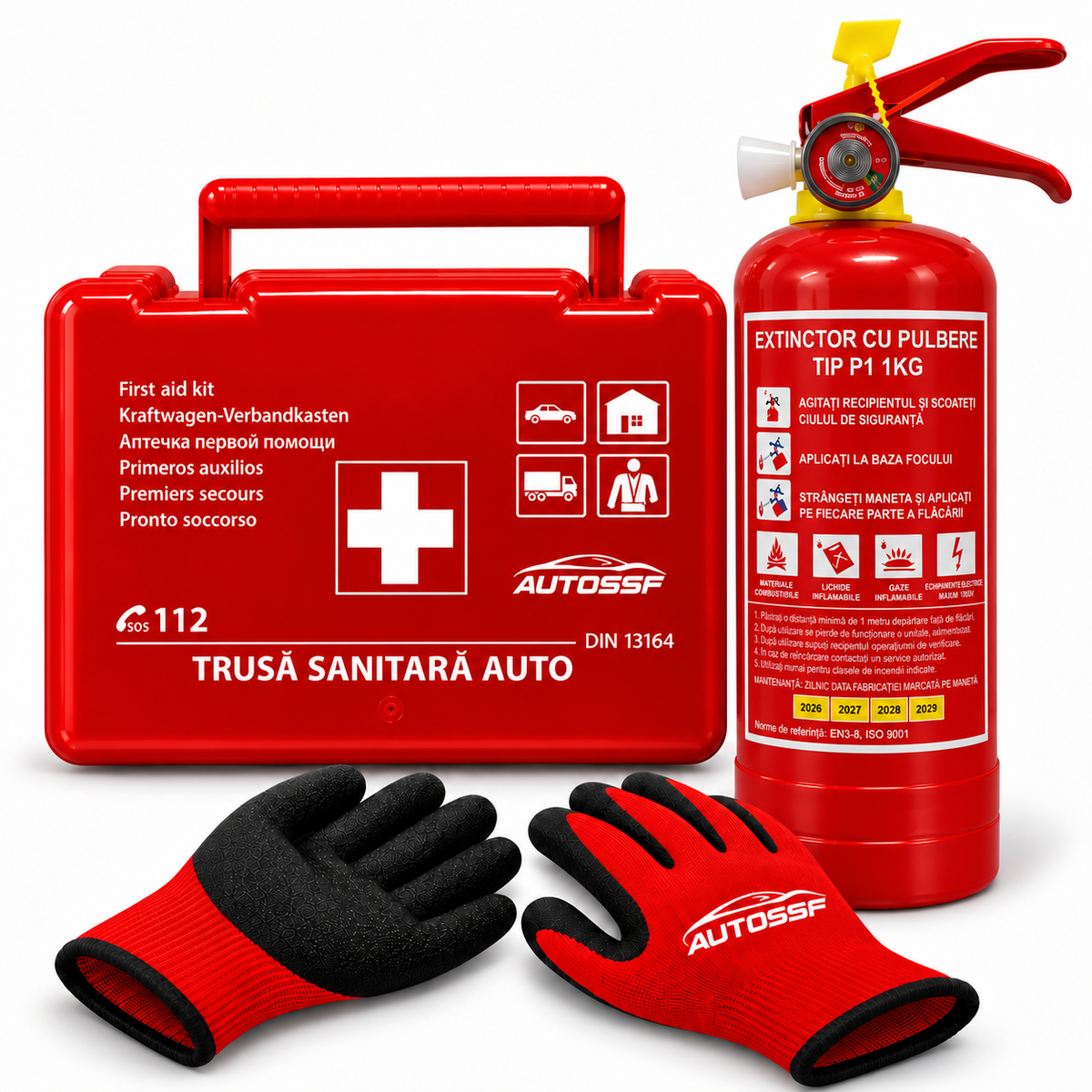 Trusă Medicală Auto DIN 13164 cu Stingător P1 cu Pulbere 1KG și Mănuși de Protecție AutoSSF®