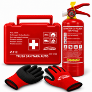 Trusă Medicală Auto DIN 13164 cu Stingător P1 cu Pulbere 1KG și Mănuși de Protecție AutoSSF®