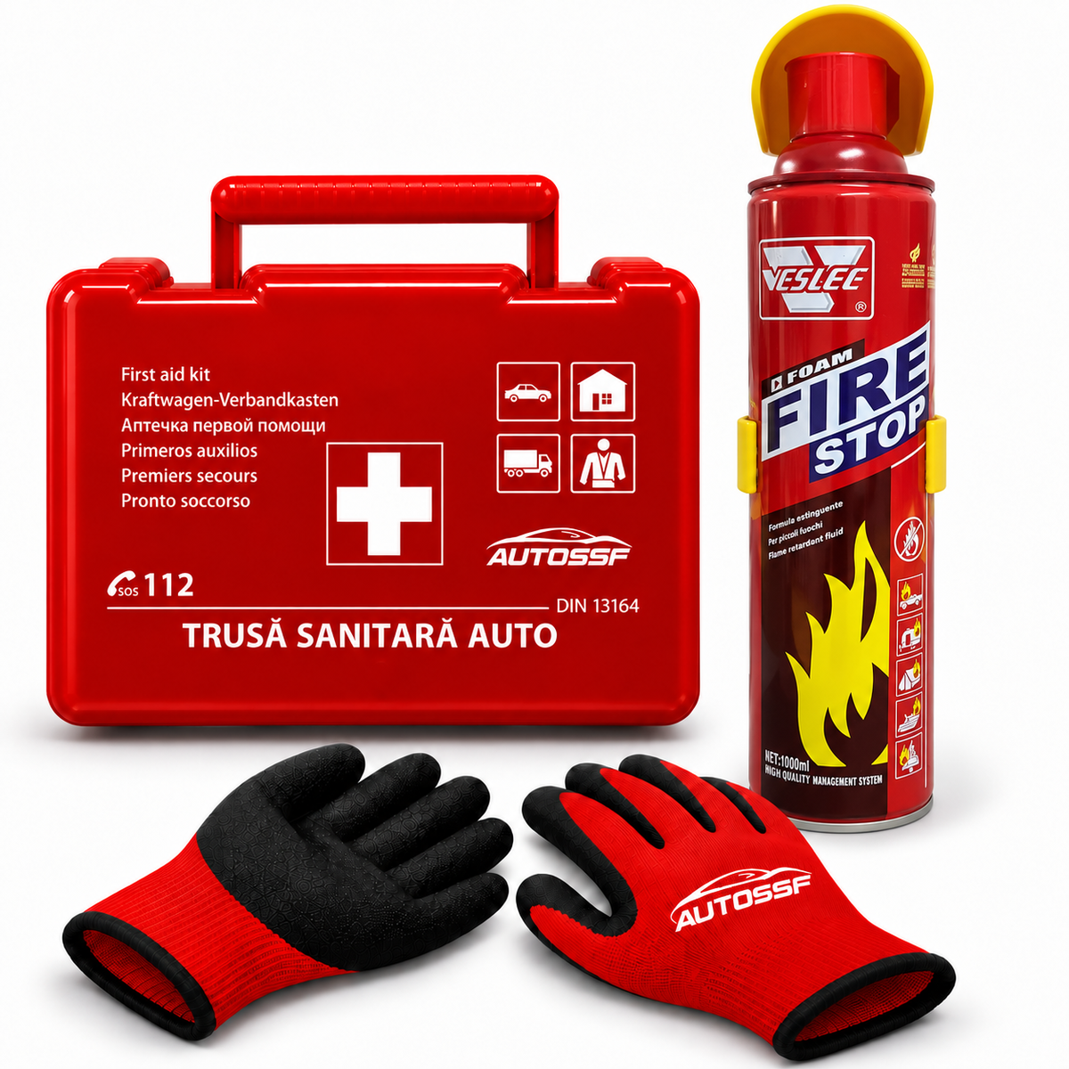 Trusă Medicală Auto DIN 13164 cu Stingator Tip Spray Cu Spuma 1000ml și Mănuși de Protecție AutoSSF®