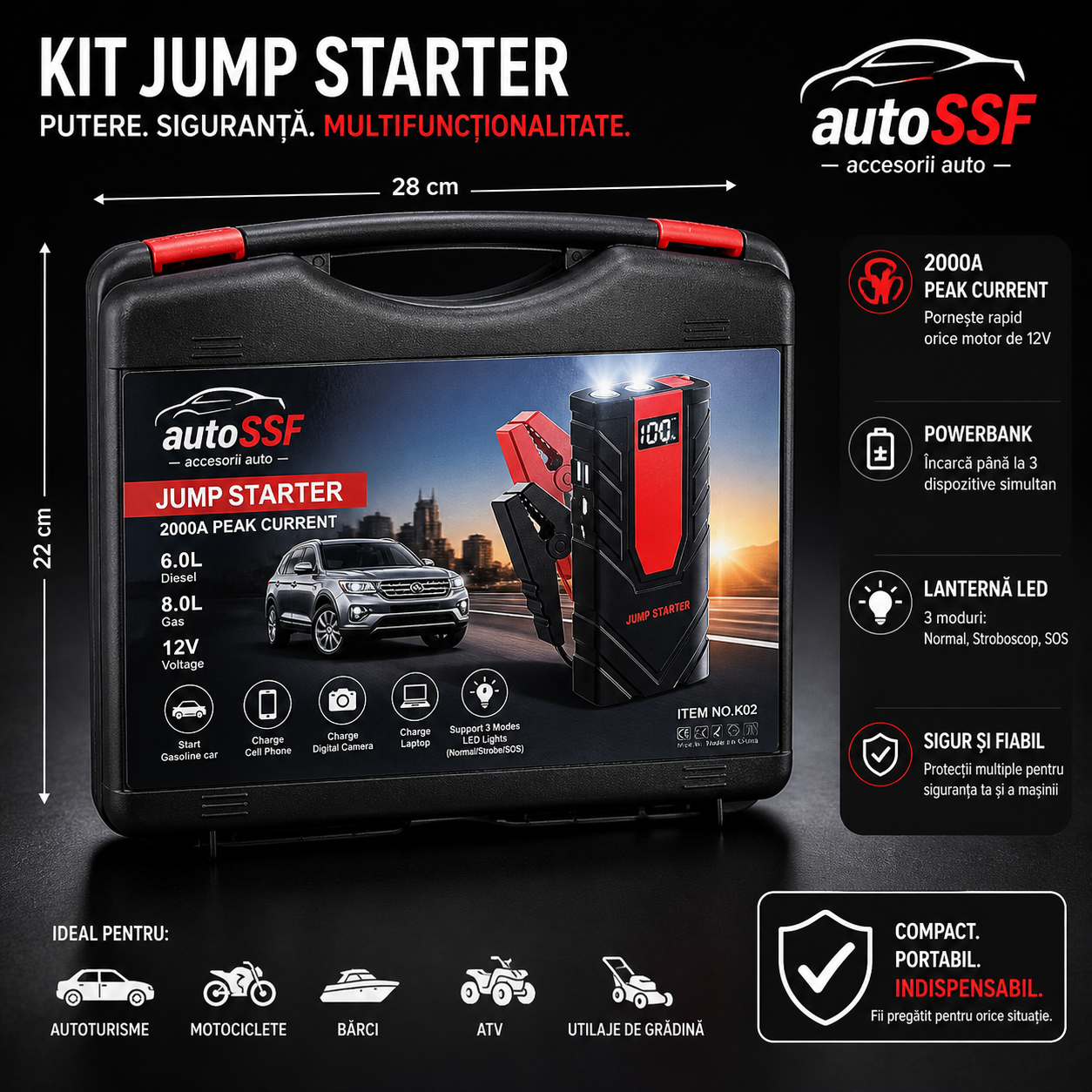 Starter Auto 18000mAh 12V, 1000A Peak, Powerbank + Lanternă LED, cu Cabluri Incluse