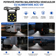 Cameră Marșarier Auto, 8 LED-uri IR, Vedere Nocturnă, 480 TVL, 793×493, IP67, 12V, Unghi 120°, Cablu Video 6 m AutoSSF®