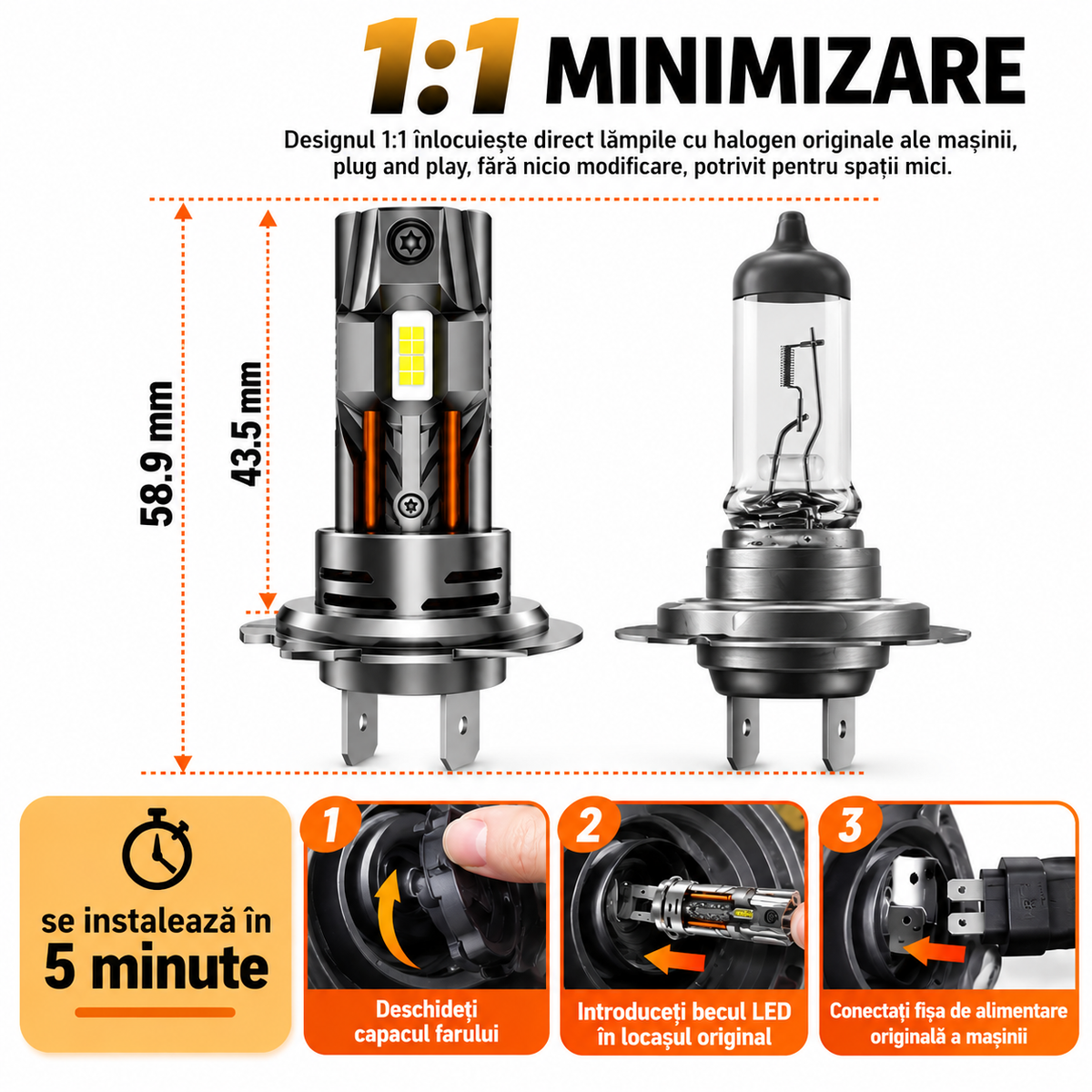 Set 2 Becuri LED H7, 60W, 6500K, Cipuri 7035, 12V DC, Ventilator Răcire, Aluminiu 6063, IP68