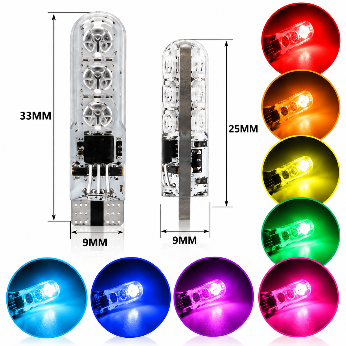 Set 2 Becuri Auto LED T10 RGB 5050, 12V, 5W, 16 Culori, Telecomandă, 4 Moduri de Iluminare, W5W