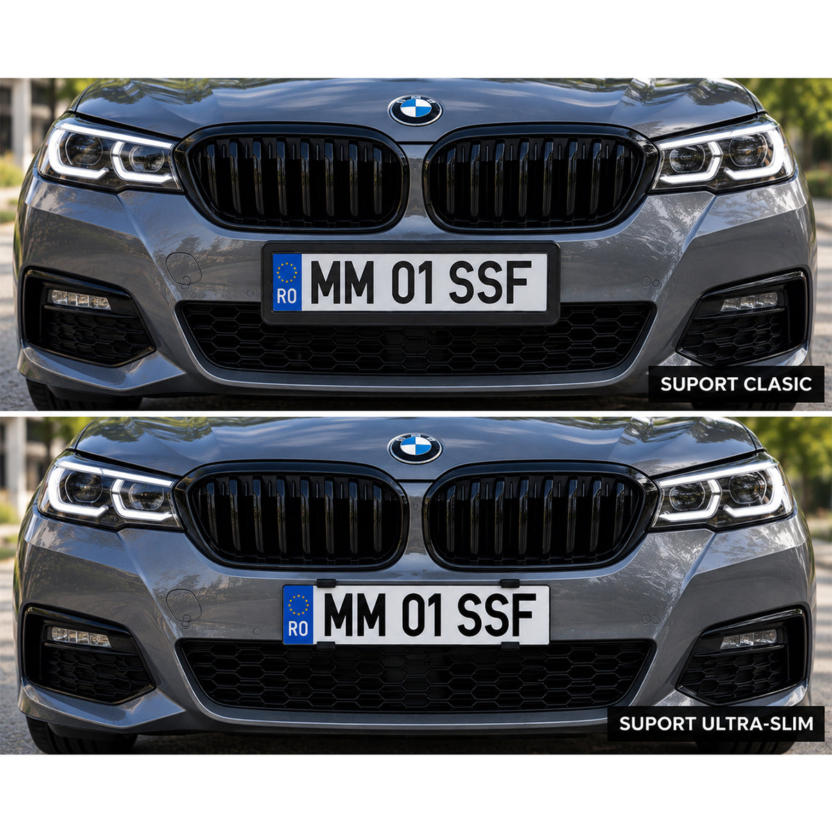 Set Suport Număr Auto Ultra Slim, 4 Bucăți pentru 2 Plăcuțe, Fără Ramă, Fixare Discretă