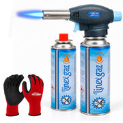 Arzător Portabil Tip Pistol cu 2 Butelii Gaz 227 g și Mănuși de Protecție, Aprindere Piezo, Flacără Reglabilă, 1300°C