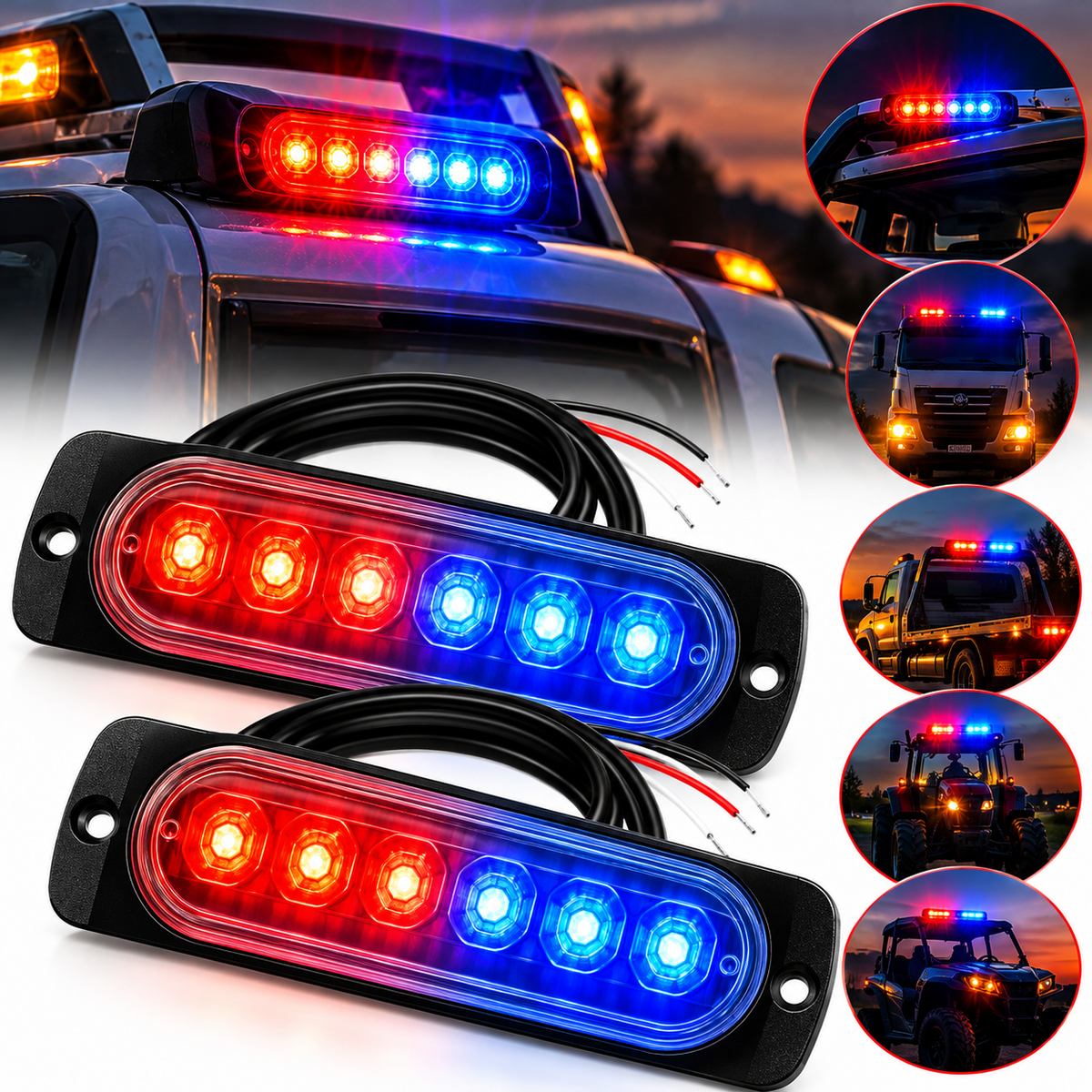 Set 2 Stroboscoape 6 LED, lumina rosu-albastru de urgenta si avertizare, 12V-24V AutoSSF ® 15 Moduri Flash, IP65, 720 lumeni, pentru gabarit, platforma, ATV, Tractor, Jeep, Off Road