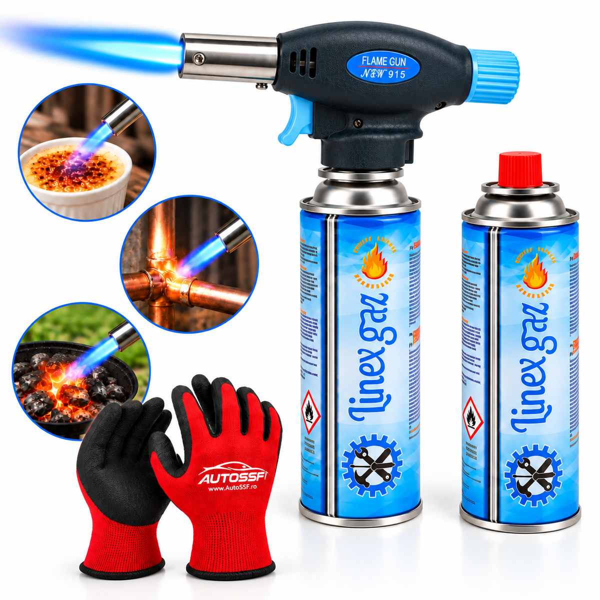 Arzător Portabil Tip Pistol cu 2 Butelii Gaz 227 g și Mănuși de Protecție, Aprindere Piezo, Flacără Reglabilă, 1300°C