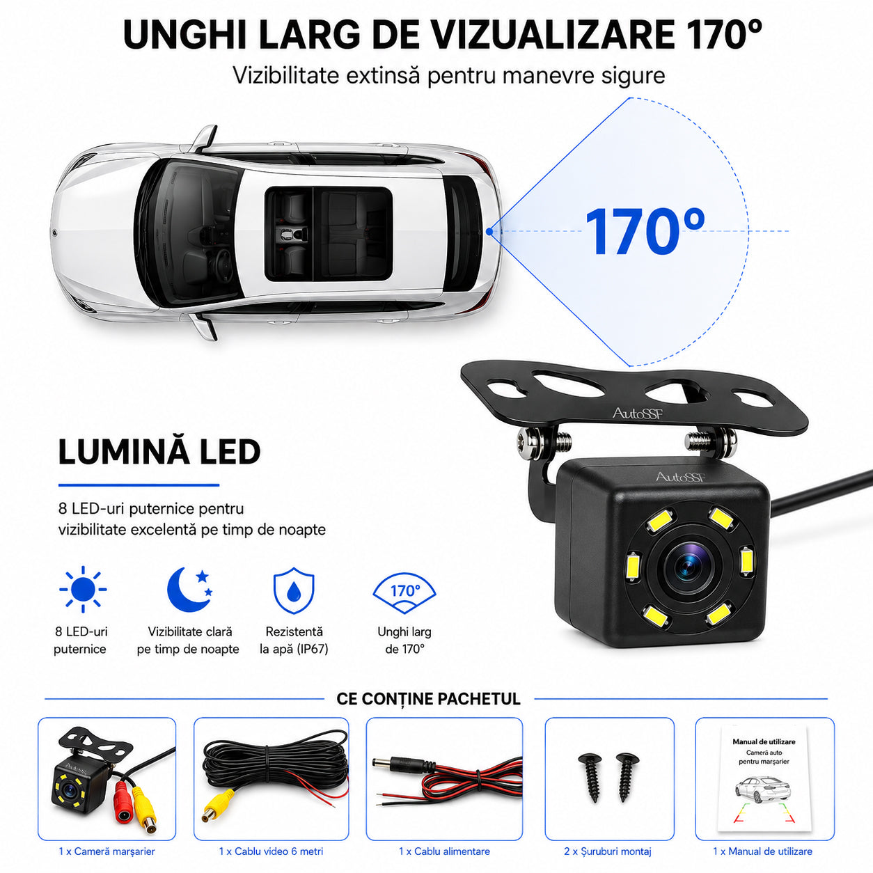 Cameră Marșarier Auto, 8 LED-uri IR, Vedere Nocturnă, 480 TVL, 793×493, IP67, 12V, Unghi 120°, Cablu Video 6 m AutoSSF®