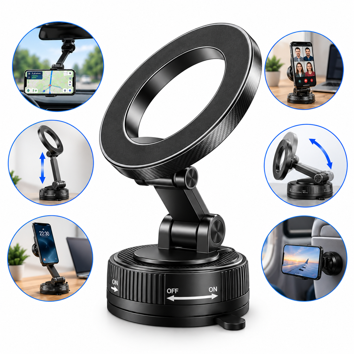 Suport Auto Magnetic pentru Telefon, Prindere cu Vid ON/OFF, Magnet Puternic, Pliabil și Reglabil 360°, Braț Extensibil, Fixare pe Bord și Suprafețe Netezi, Negru