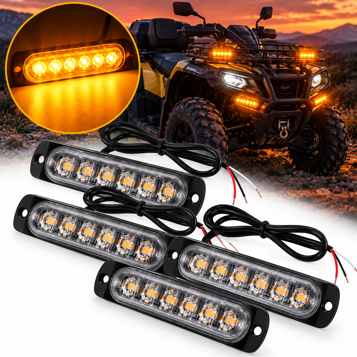 Set 4 Stroboscoape 6 LED, lumina galbena de urgenta si avertizare, 12V-24V, 15 Moduri Flash, IP65, 720 lumeni, pentru gabarit, platforma, ATV, Tractor, Jeep, Off Road