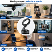 Suport Auto Magnetic pentru Telefon, Prindere cu Vid ON/OFF, Magnet Puternic, Pliabil și Reglabil 360°, Braț Extensibil, Fixare pe Bord și Suprafețe Netezi, Negru
