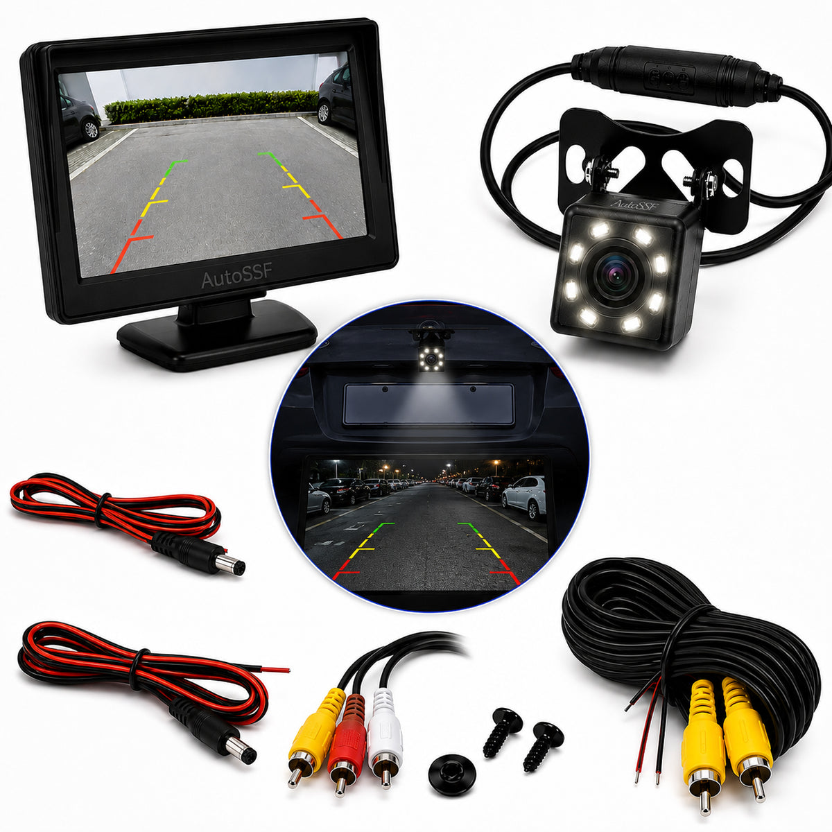 Kit Cameră Marșarier cu Monitor Auto AHD 4.3", 8 LED-uri, Vedere Nocturnă, 1024 × 600, IP67, 12V, Cablu 6m, AutoSSF®