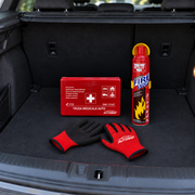 Trusă Medicală Compacta DIN 13167 cu Stingator Tip Spray Cu Spuma 1000ml și Mănuși de Protecție AutoSSF®
