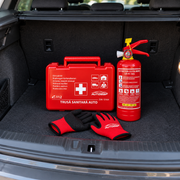 Trusă Medicală Auto DIN 13164 cu Stingător P1 cu Pulbere 1KG și Mănuși de Protecție AutoSSF®