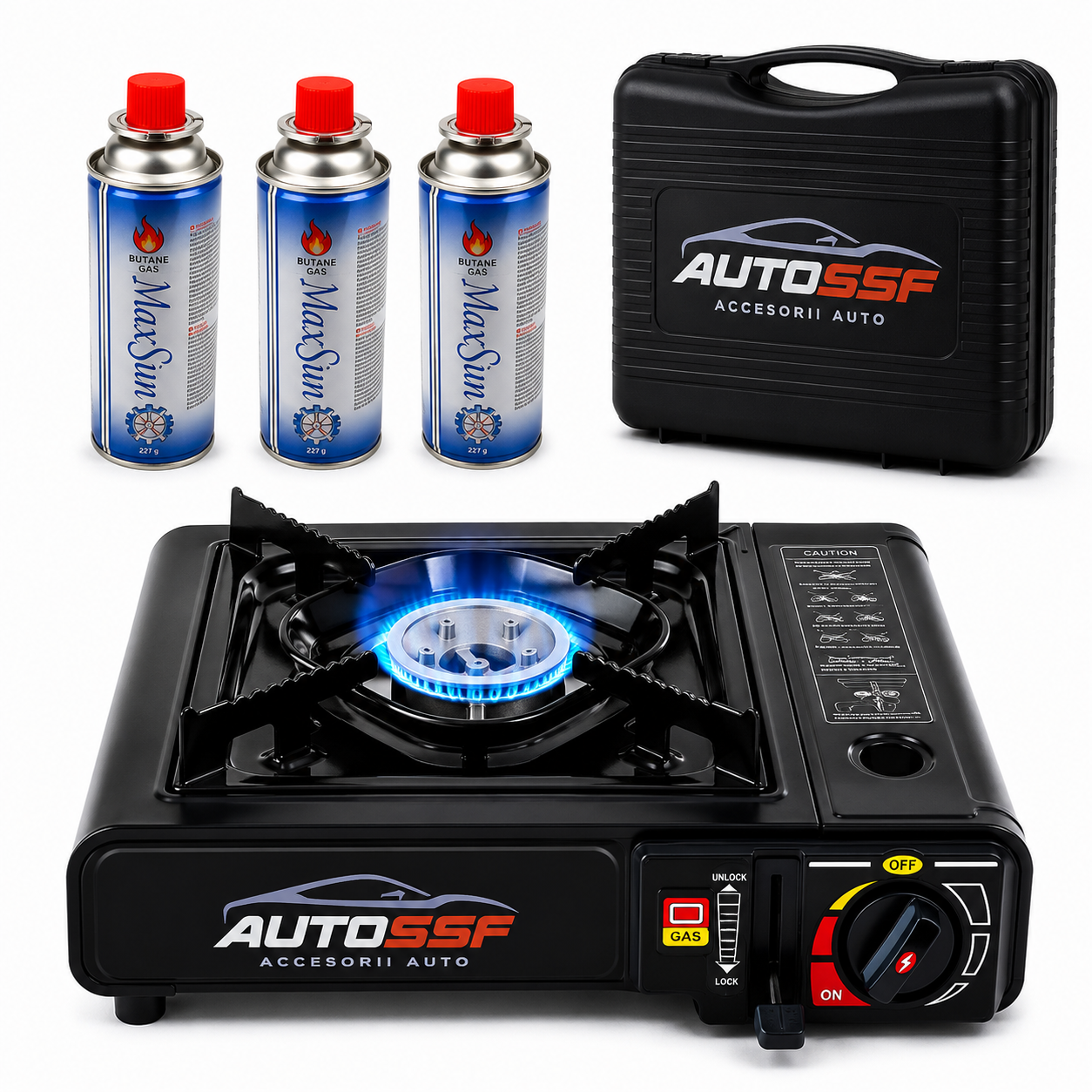 Aragaz Camping Portabil + 3 rezerve Spray GAZ 227r 400ml, 2.2 kW, aprindere automata piezo