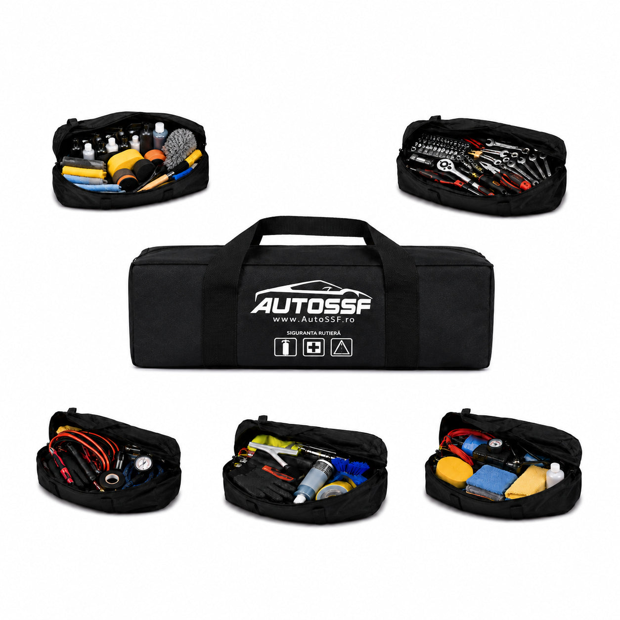 Geantă Organizare Portbagaj Auto, pentru Kit Siguranta, Cabluri, Unelte și Accesorii, Material Rezistent, Neagră AutoSSF®