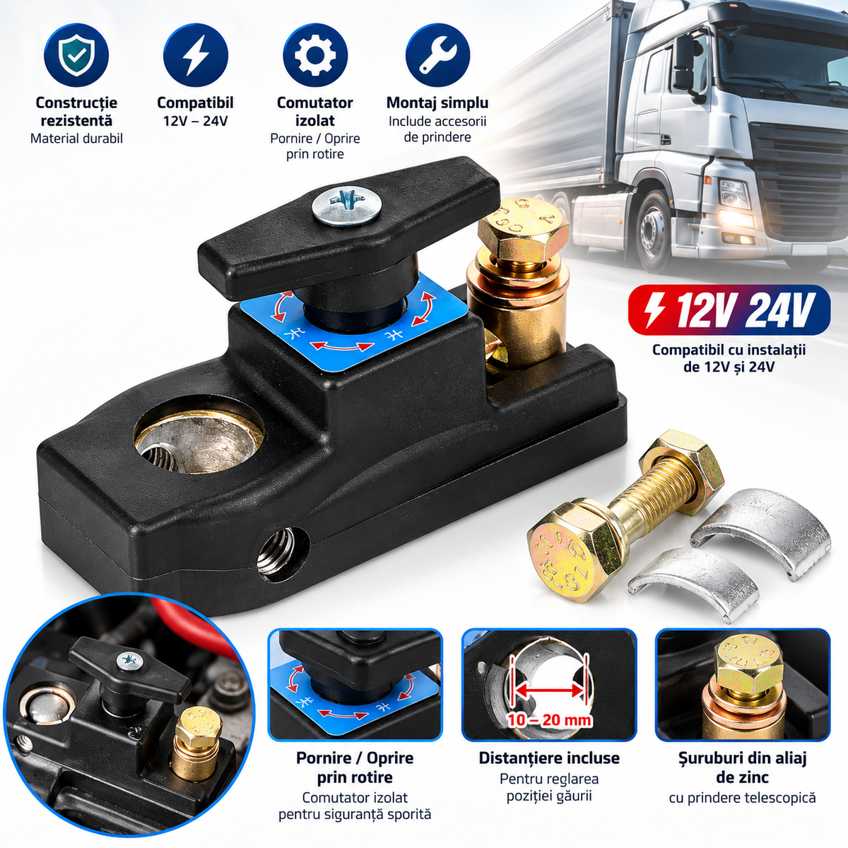 Comutator General Baterie Auto 12V–24V, Întrerupător Deconectare Curent cu Rotire ON/OFF, Carcasă ABS, Conectori din Cupru, Montaj pe Bornă, Universal