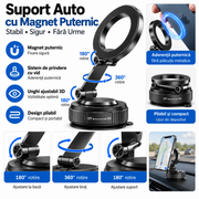 Suport Auto Magnetic pentru Telefon, Prindere cu Vid ON/OFF, Magnet Puternic, Pliabil și Reglabil 360°, Braț Extensibil, Fixare pe Bord și Suprafețe Netezi, Negru