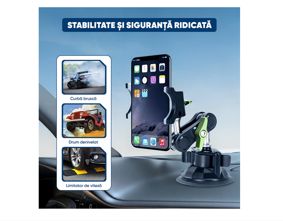 Suport auto pentru telefon profesional AutoSSF, Premium, Negru Montare pe parbriz sau bord