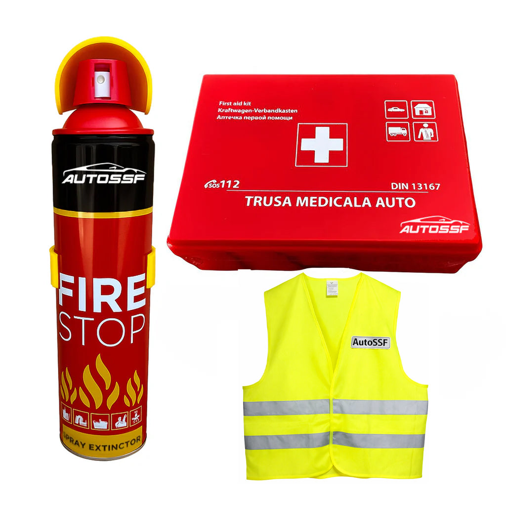 KIT DE SIGURANTA cu stingator tip spray 1000 ml ,trusa medicala compacta si vesta reflectorizanta