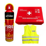 KIT DE SIGURANTA cu stingator tip spray 1000 ml, trusa medicala compacta si vesta reflectorizanta