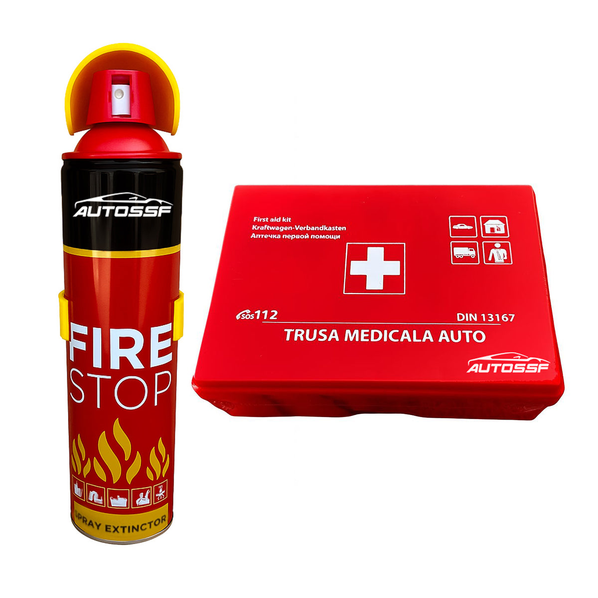 Set Trusă Auto DIN13167 + Stingător Spray 1000ml | 5 Ani – Autossf